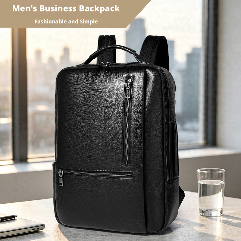 Leather Work Rucksack Mens - Schwarzer Echtleder-Laptop-Rucksack für Herren, Rindsleder-Business-Pendler-Tasche, Wasserabweisender